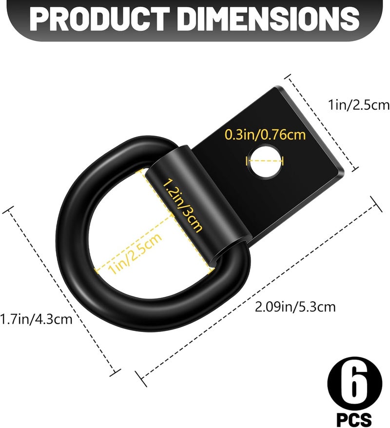 garini Black D Ring Tie Down Anchors,6Pcs Heavy Duty D Ring with Screws,Surface Mount Hooks Securing Cargo for Trailer, Truck Bed Or Deliveries - Image 3